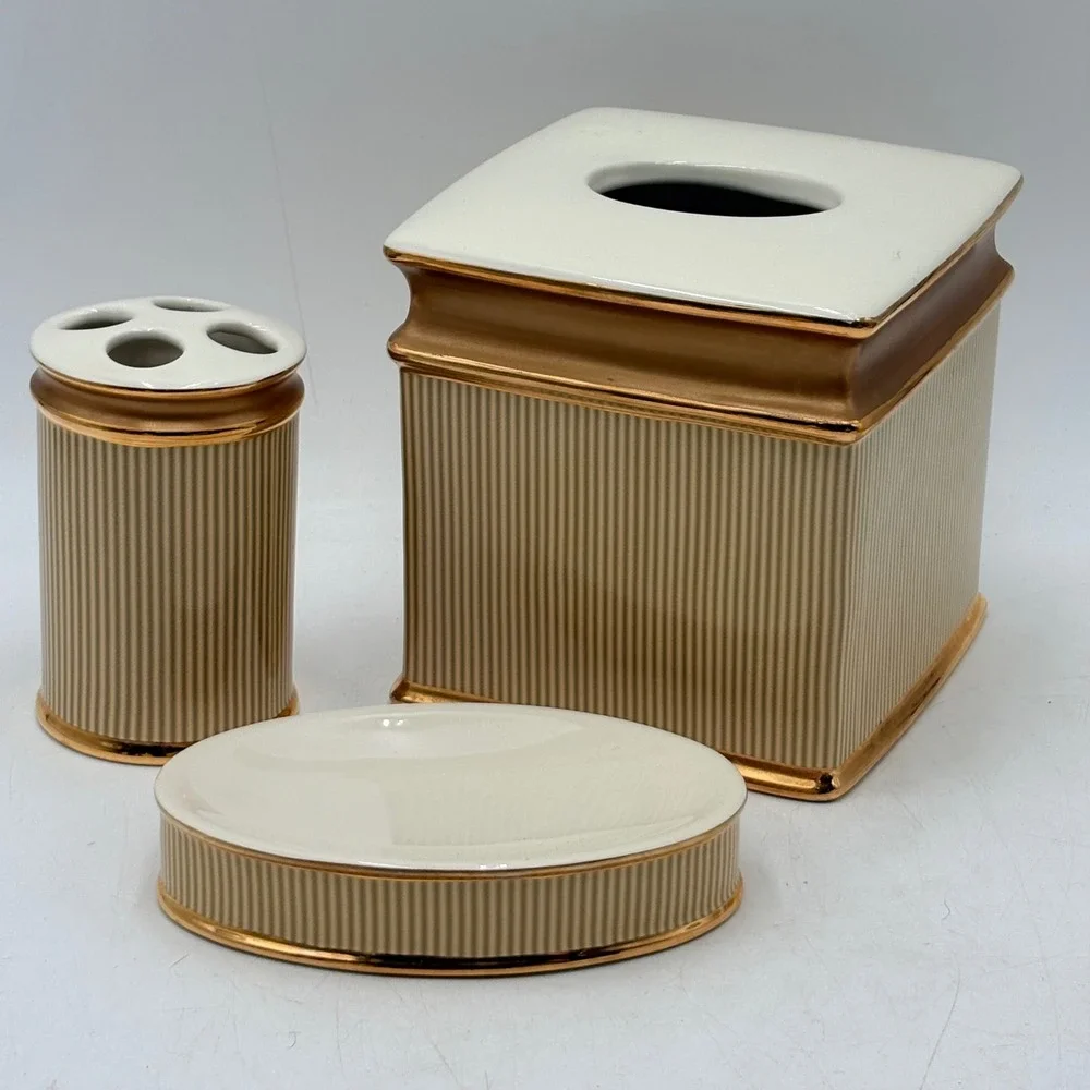 Veratex Fortuny 3pc‎ Bathroom Set Tissue Cover Toothbrush Holder Soap Dish Gold